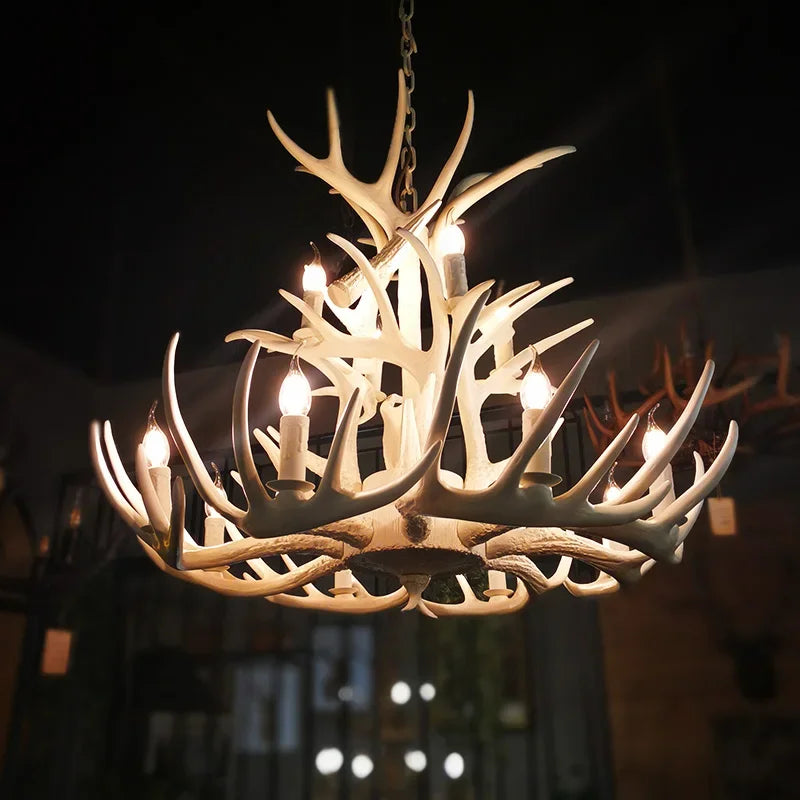 Retro Antler Chandelier Lighting Resin Deer Horn Pendant Lamp for Restaurant Living Room Hotel Shop Dining Table Hanging Lamp