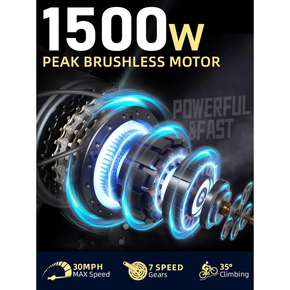 Electric Bike for Adults 1500W Peak 20" Fat Tire EBike,30-160 Miles 30MPH Dual Suspension Electric Motorcycle,48V 20/35/60AH