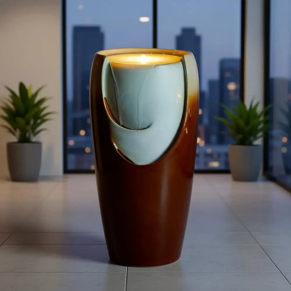 Outdoor Tall Sand Beige Ceramic Vase Fountain with LED Light and Pump for Patio Garden Decor
