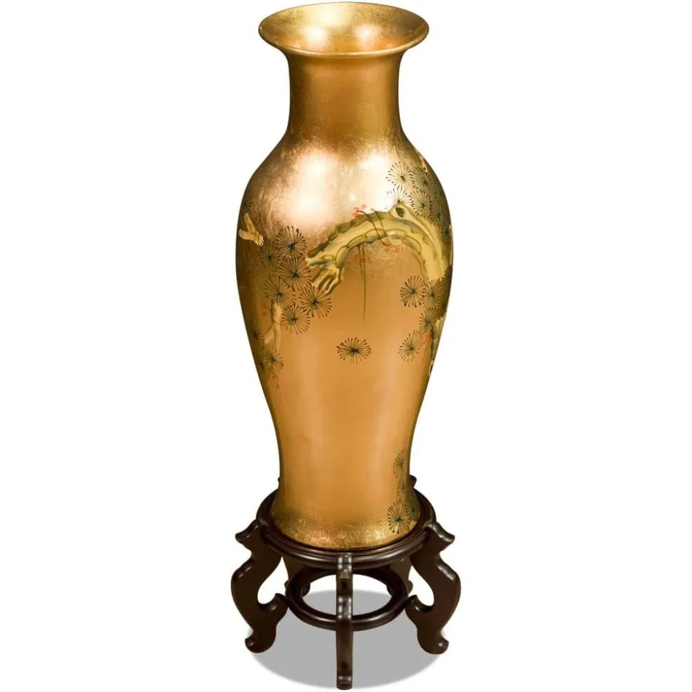 China Furniture Online 24 Inch Gold Leaf Longevity Cranes Oriental Vase