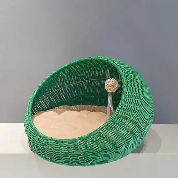 Indoor Rattan Cat House with Washable Cushion and Door Hole, Ideal for Cats and Kittens, Pet Sleeping Bed Elevation