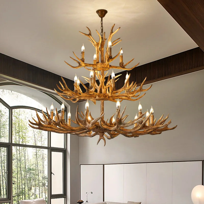 Retro Antler Chandelier Lighting Resin Deer Horn Pendant Lamp for Restaurant Living Room Hotel Shop Dining Table Hanging Lamp