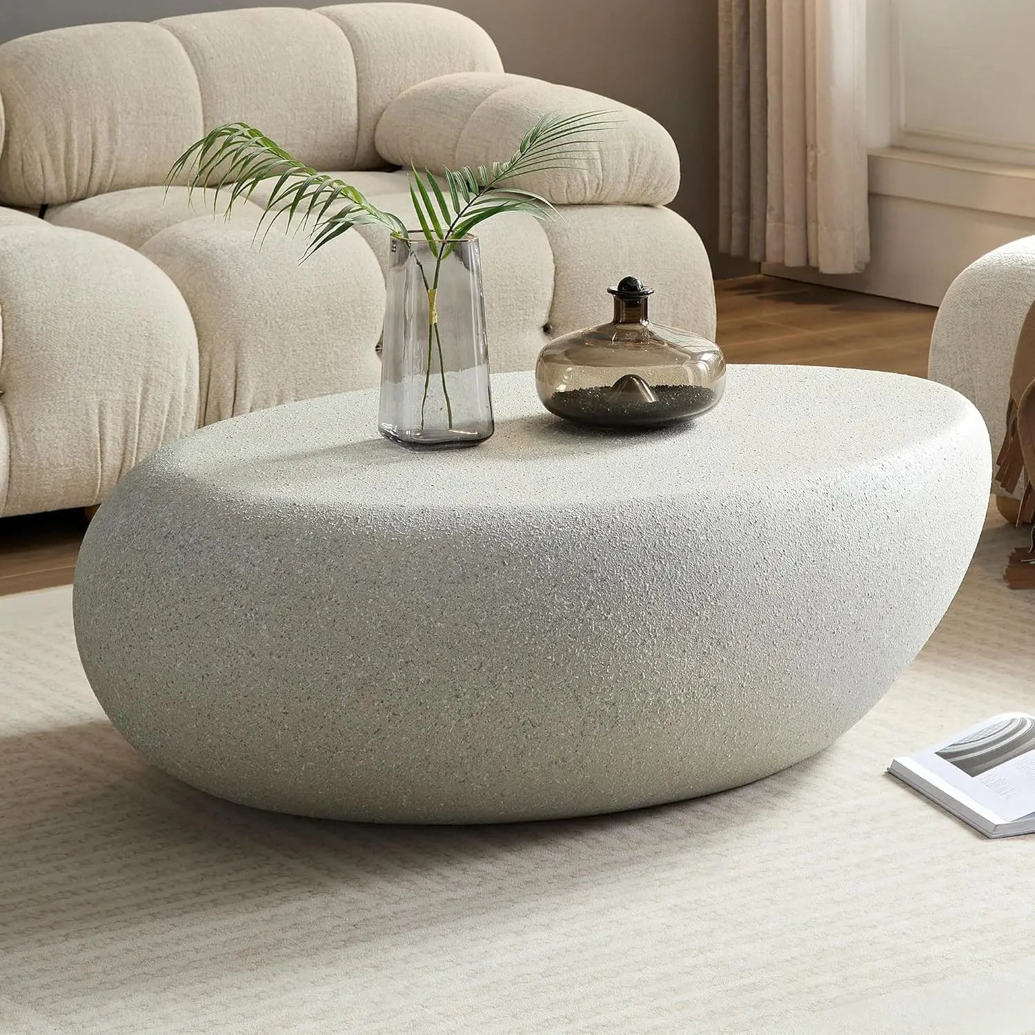 43.3" Oval Coffee Table with Grainy Matte Rocks Pattern, Modern Irregular Center Table,Drum Fiberglass Coffee Table Accent Side
