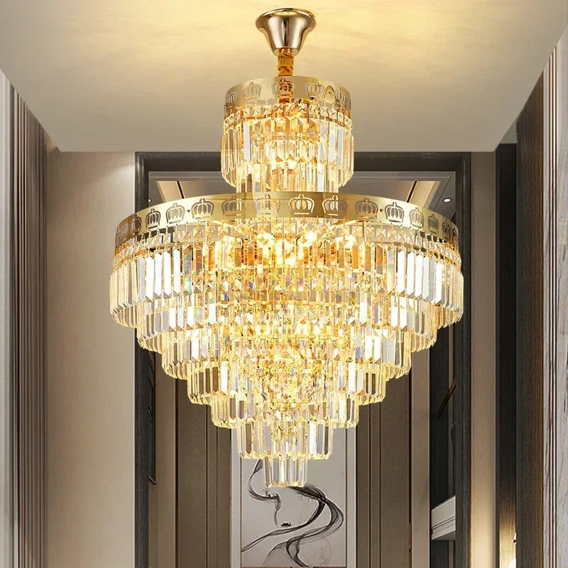 Duplex Villa with Hollow Decoration Living Room Crystal Light Jumping Floor Mid Floor Light Luxury Crystal Staircase Light