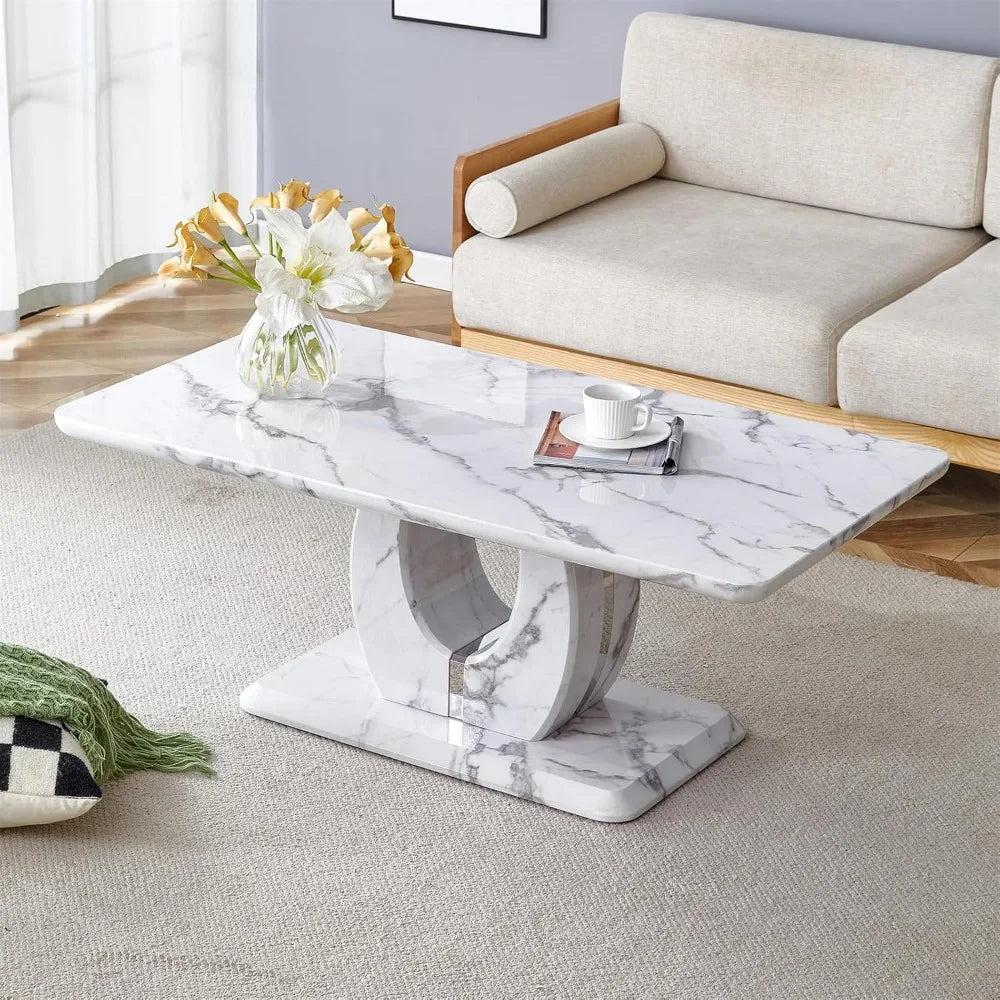 Modern Imitation Marble Coffee Table with Storage for Living Room, Rectangular Center Table with Stable Base