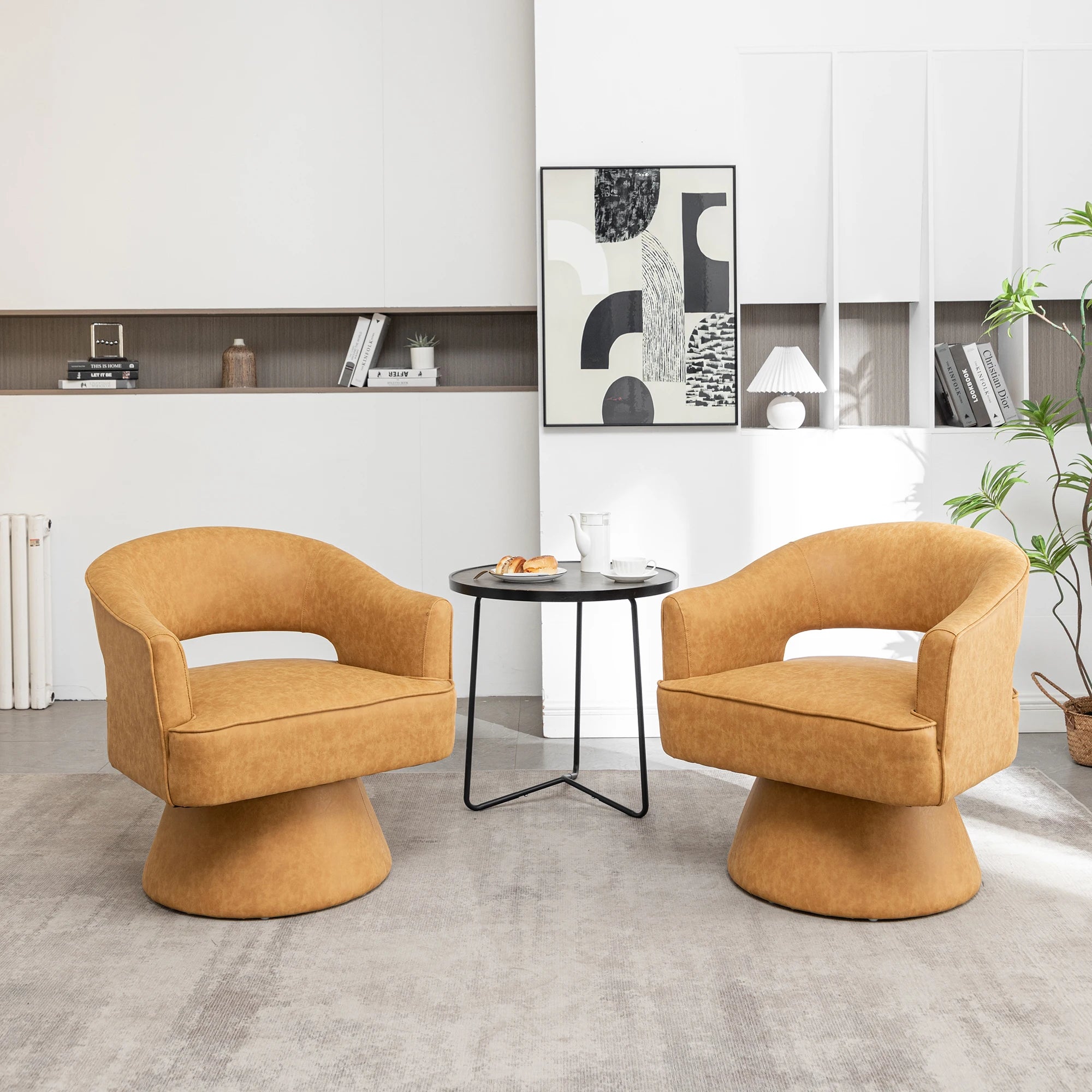 SEYNAR Modern Hollow Back PU Leather Accent Chair Set of 2, Upholstered Round Swivel Barrel Armchair for Living Room