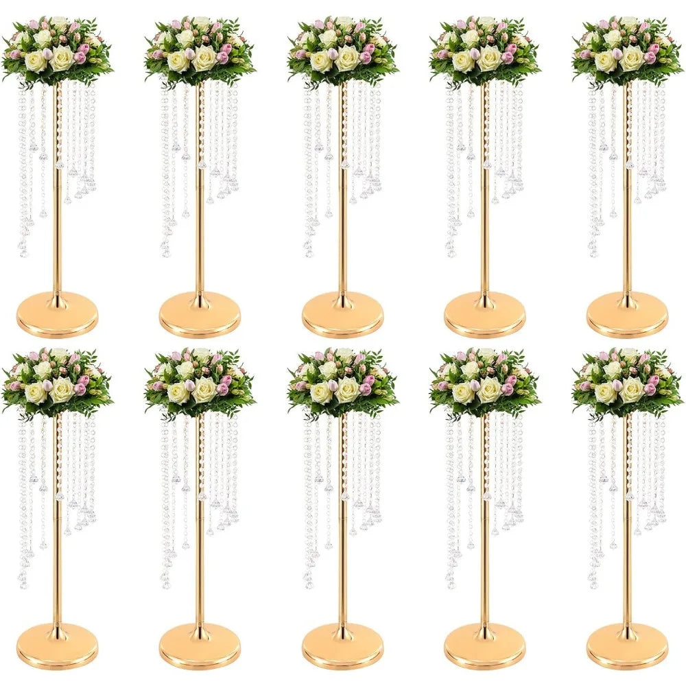 Centerpieces Gold Vases, 10PCS Metal Flower Candle Holder with Sparkling Crystal Beads, Crystal Flower Vase Metal Flowers