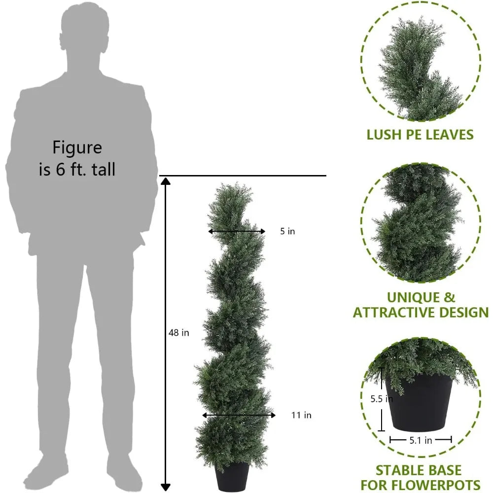 Pair of 4-Foot Tall Artificial Spiral Topiary Trees, 48-Inch Fake Cedar Outdoor Planters - Twist Cypress Look