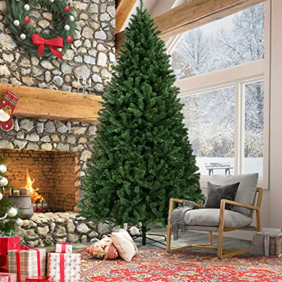 9ft Prelit Spruce Artificial Hinged Christmas Pine Tree Prelighted Holiday Xmas Tree for Home Party Decoration with 850 Warm Wh