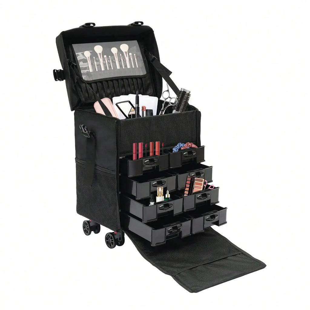Professional Rolling Makeup Case w/ 8 Removable Drawers & 360° Wheels | Multi-Layer Cosmetic Trolley Black for Bridal MUA Travel