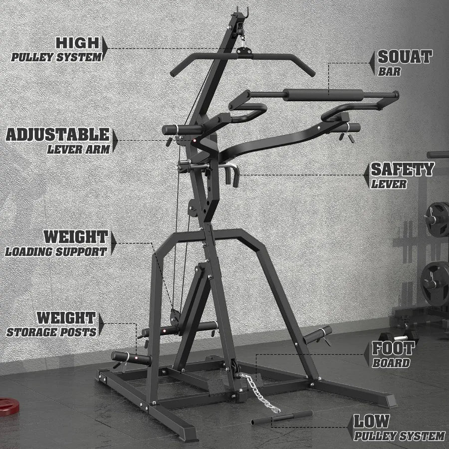 Power Rack Squat Rack Lever Gym with LAT Low Row System Home Gym System Workout Station 2:1 Ratio (Without Weight Plates)