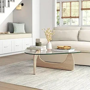 Triangle Glass Coffee Table Modern Noguchi Coffee Table, Vintage Glass, and Wood End Table, Solid Wood Base and Clear Glass Top