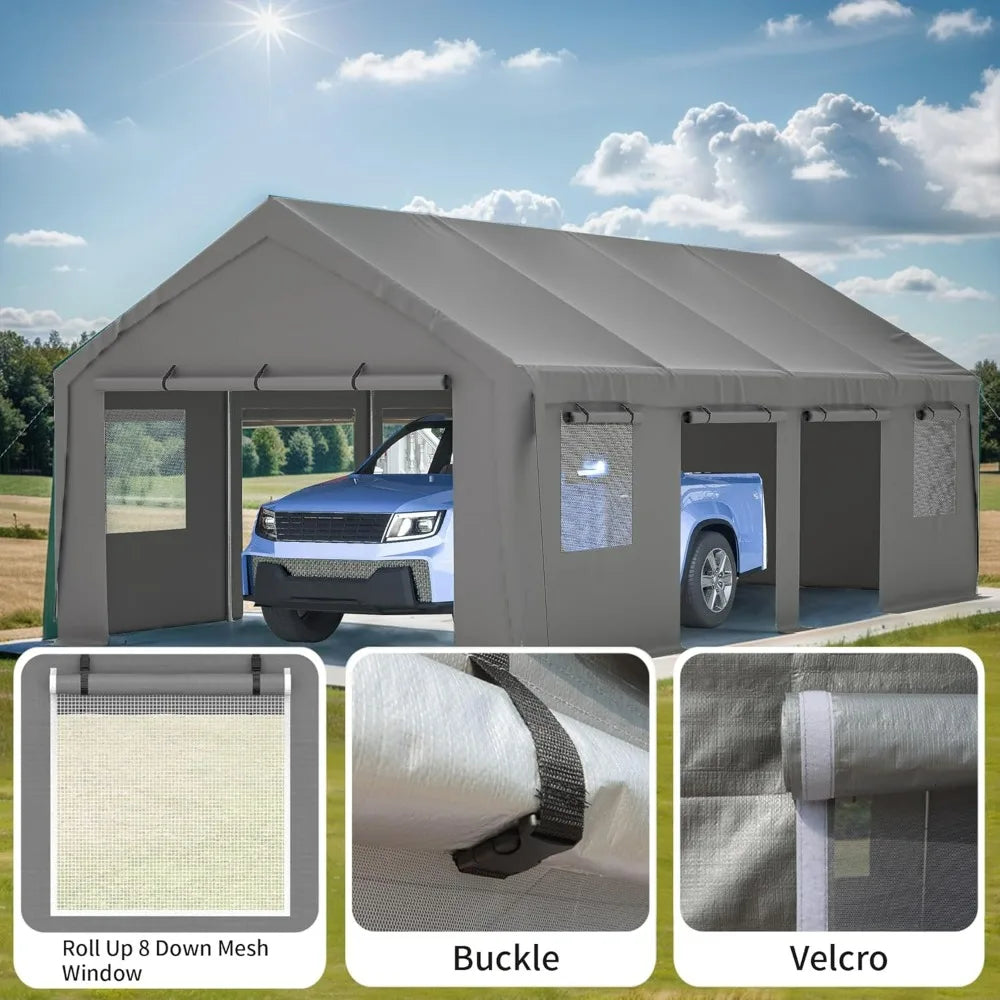 Carport 25x13ft Heavy Duty Canopy Storage Shed,Extra Large Portable Outdoor Garage with 4 Roll-up Doors & 4 Windows and All-Seas