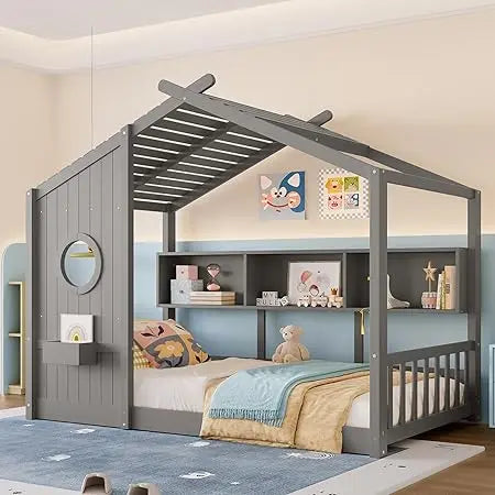 Twin-Sized Storage-Friendly Kids' Montessori Bed with Wooden House Frame and Roof for Girls