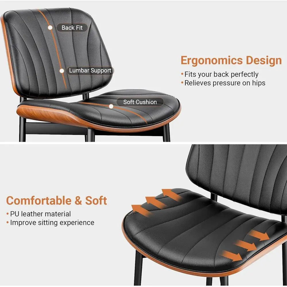 Set of 4 Modern Dining Chairs, Upholstered in Black PU Leather, Walnut and Metal Legs Accent Chairs for Kitchen and Dining Room