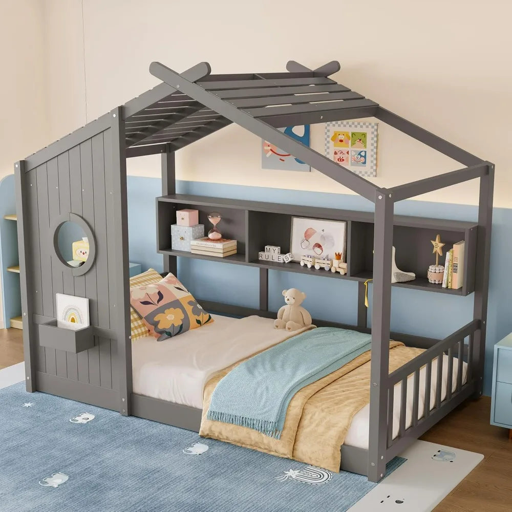 Twin-Sized Storage-Friendly Kids' Montessori Bed with Wooden House Frame and Roof for Girls