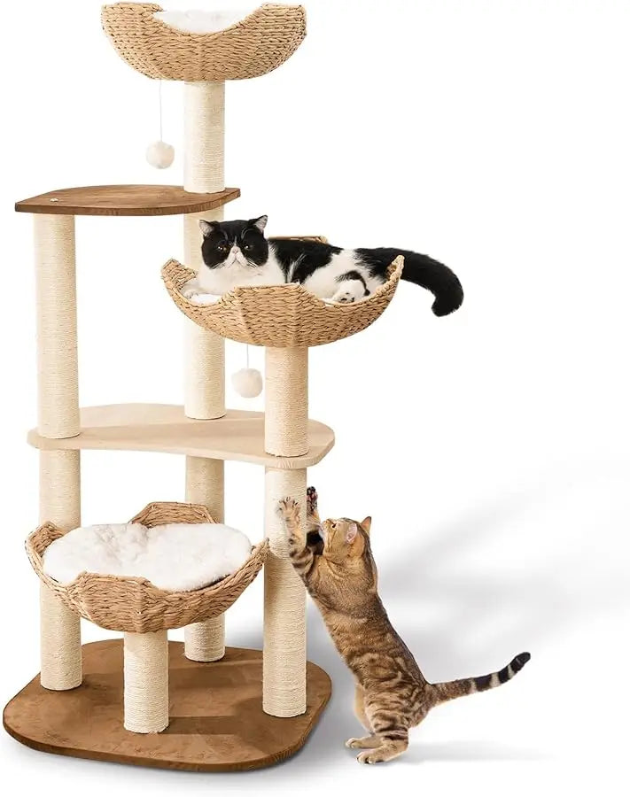 Large Wood Cat Tree Tower for Indoor Cats, Multi-Cats Scratching Post & Cat Condo with Handwoven Cat House Basket, Thick Sisal P